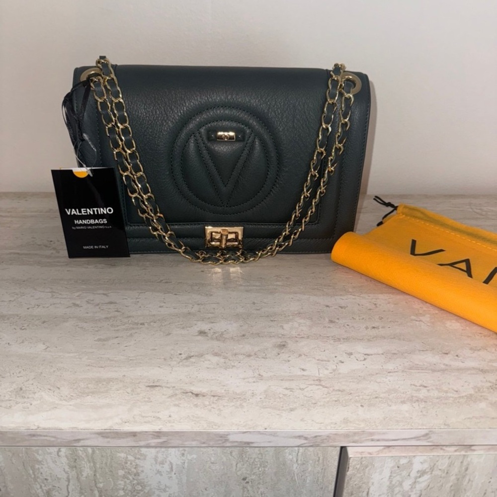 Valentino Alice Dark Green/Black Leather Shoulder Bag w/Golden Chain Strap. NWT